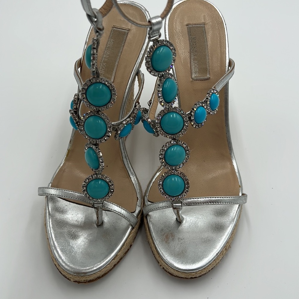 Michael Kors Vintage Silver Metallic Turquoise Santorini Wedges, Beach Size 10